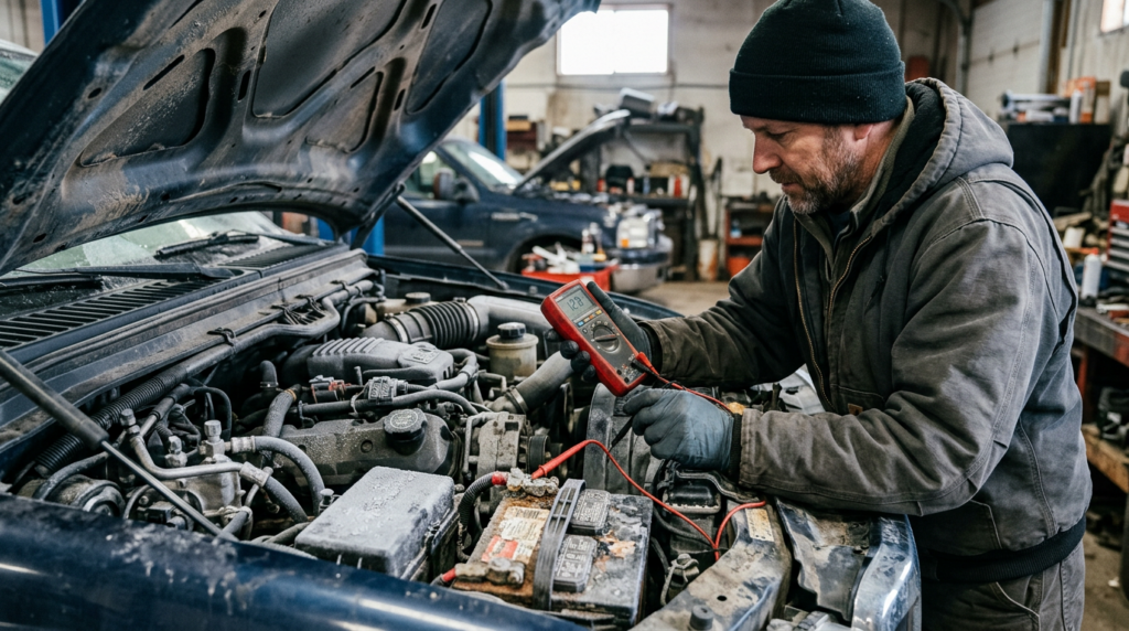 Mechanic testing a diesel truck battery during Diesel Cold Start Problems diagnostics