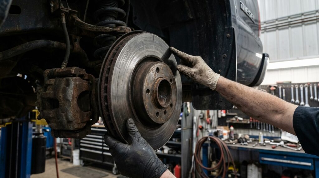 Brake Service Okotoks - Working on a worn rotor in the shop